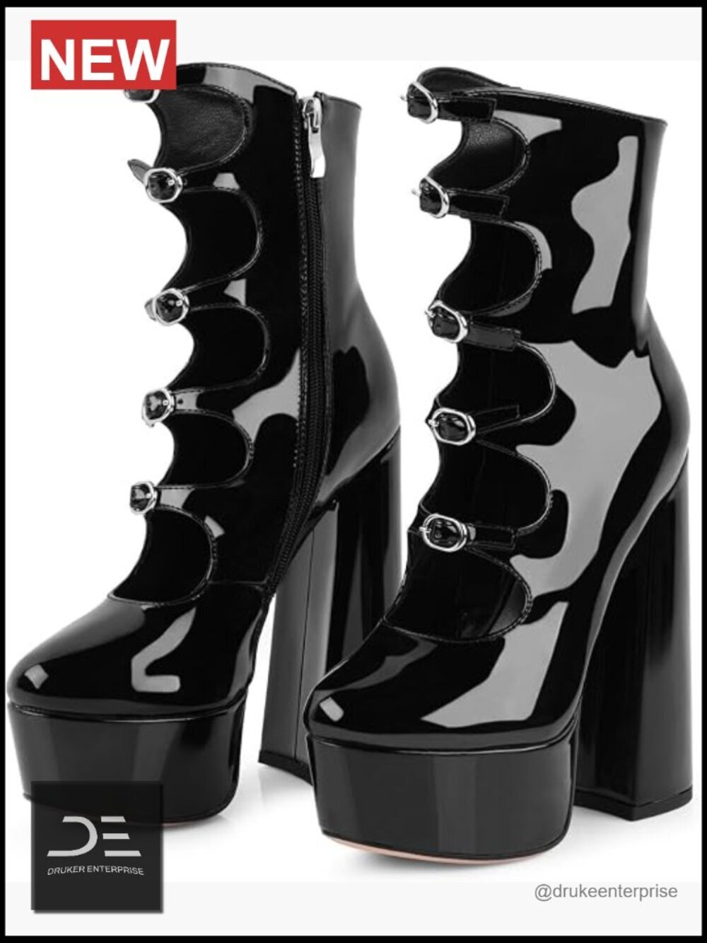 Chunky Platform Heels Goth Boots Side Zipper Block Heels Faux Leather